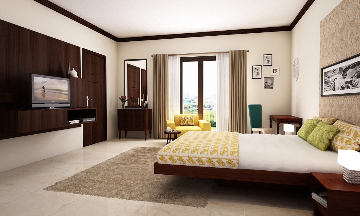 Contemporary Master Bedroom With Damask Wallpaper | Livspace