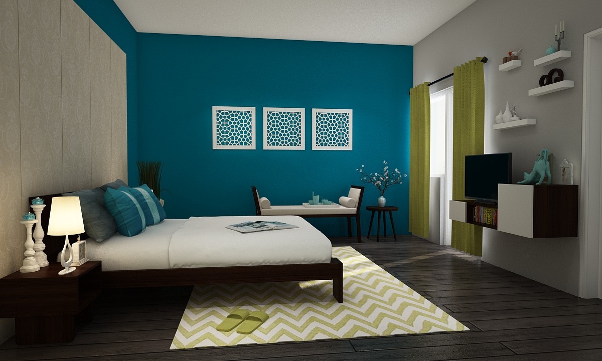 Spacious Blue Master Bedroom Design With Beige Panelling | Livspace