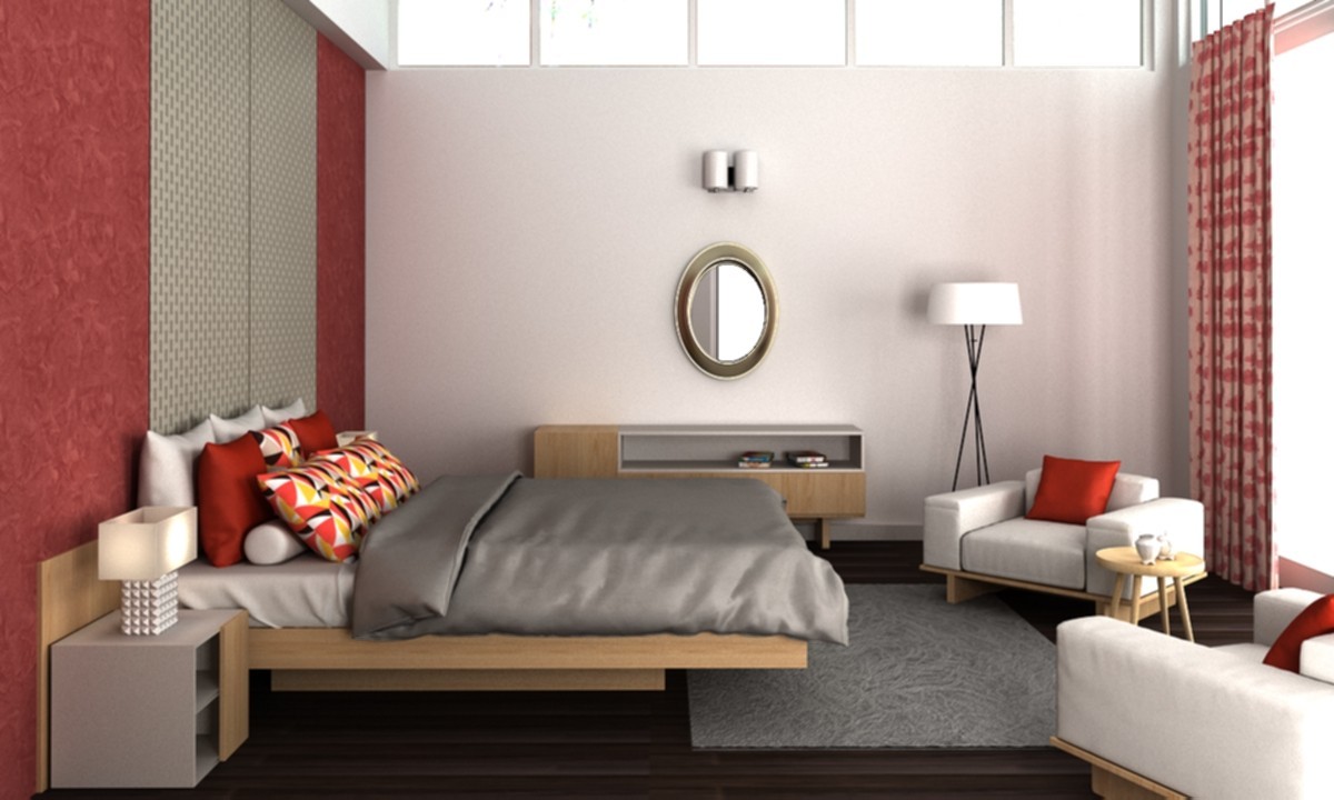 Modern Bedroom Design With Red Accent Wall | Livspace