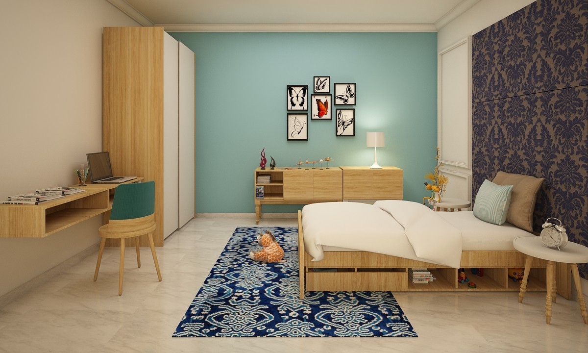 Spacious Kid's Room Blue And White Interiors | Livspace